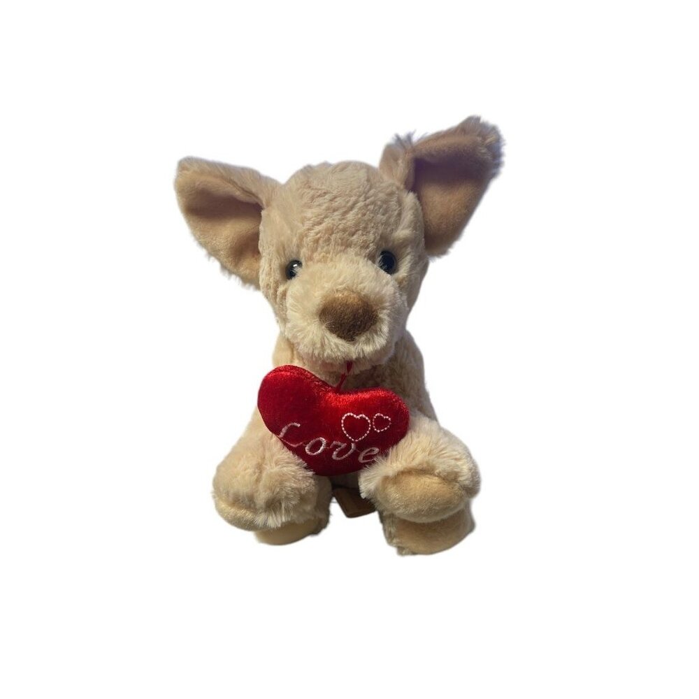Tan Plush Puppy Dog Holding Red Heart Love Valentines Gift